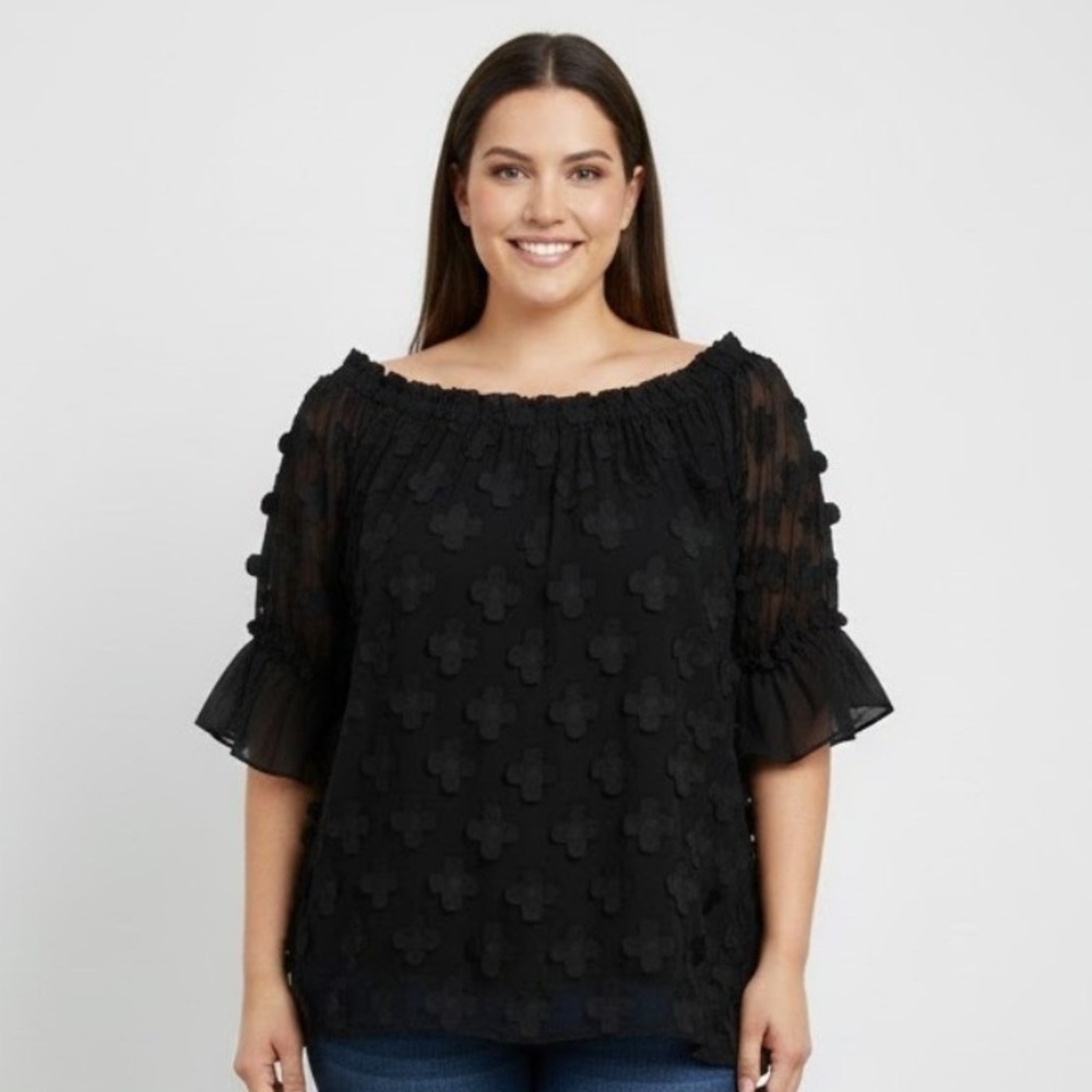 Alfani Black Floral Applique Flutter Sleeve Sheer Top Women 16 Whimsigoth Unique